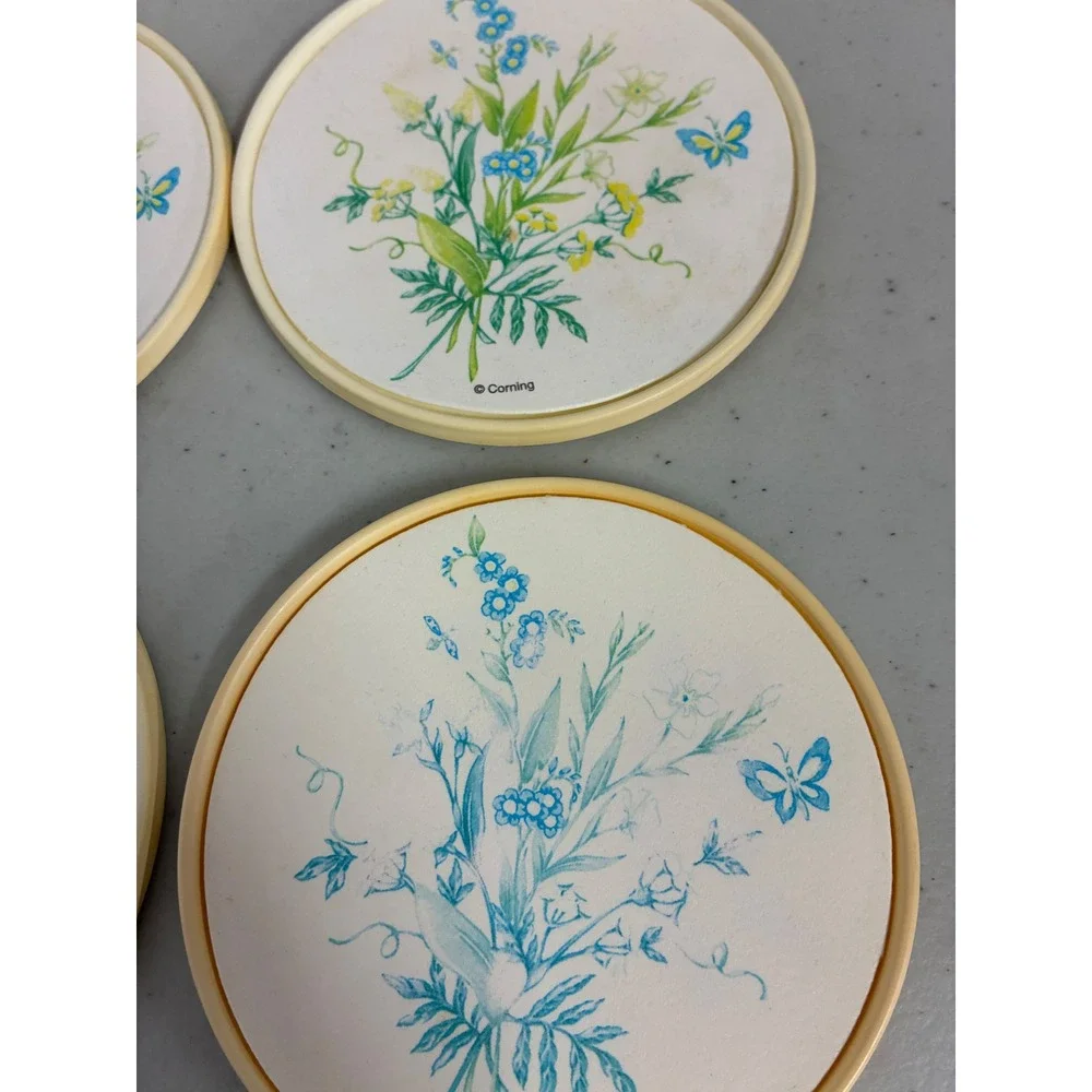 Vintage Corning Meadow Floral Coasters Set of 4 Blue Forget Me Not Butterfly 70s